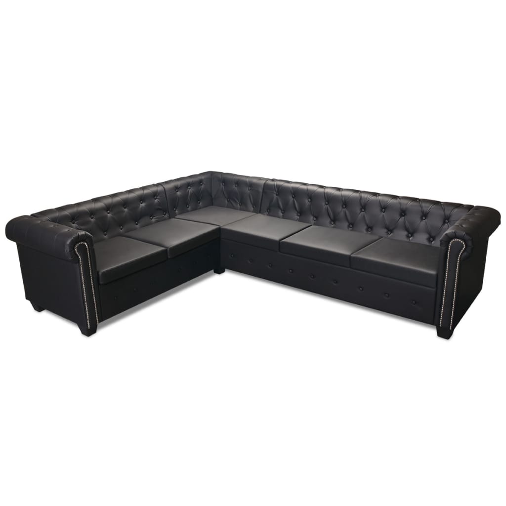 Divano Angolare Chesterfield a 6 Posti Pelle Artificiale Nera - homemem39