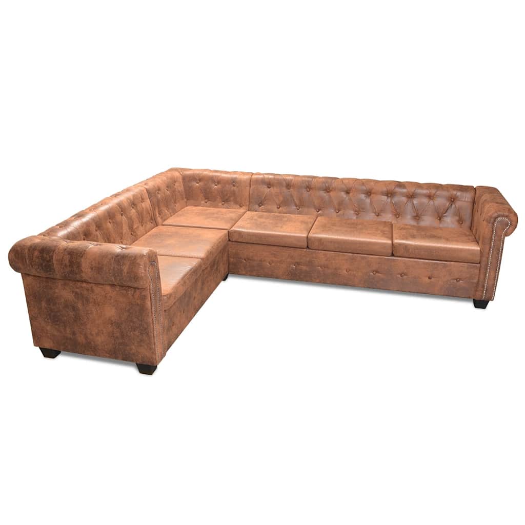 Divano Angolare Chesterfield 6 posti Pelle Artificiale Marrone | homemem39