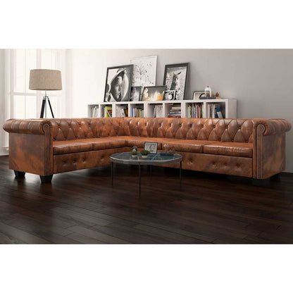 Divano Angolare Chesterfield 6 posti Pelle Artificiale Marrone | homemem39