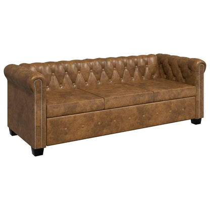 Divano Chesterfield a 3 Posti in Finta Pelle Marrone
