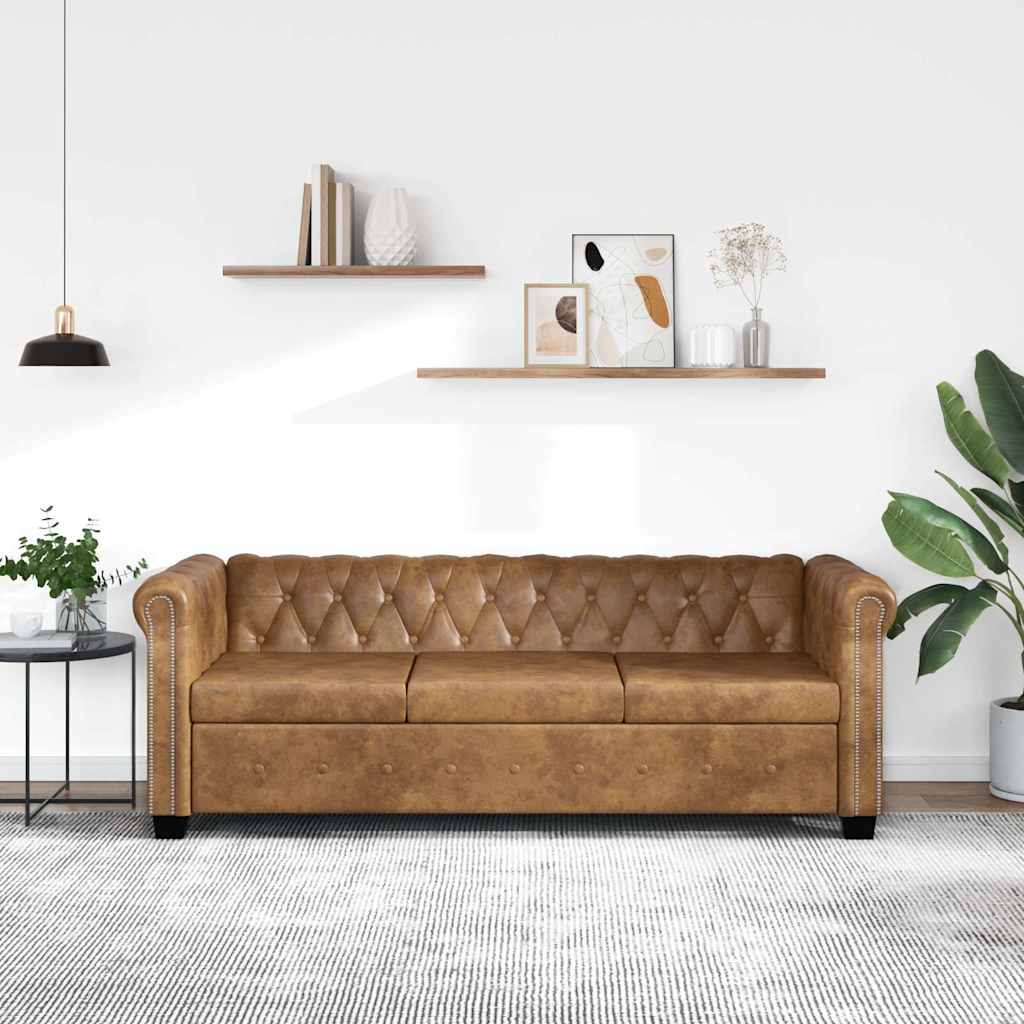 Divano Chesterfield a 3 Posti in Finta Pelle Marrone