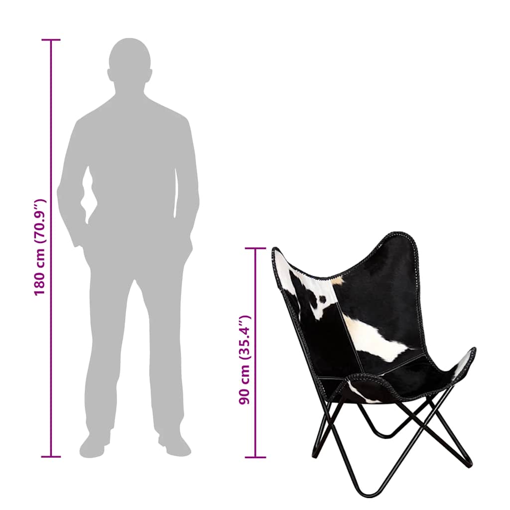 Sedia a Farfalla Nera e Bianca in Vera Pelle di Vacchetta