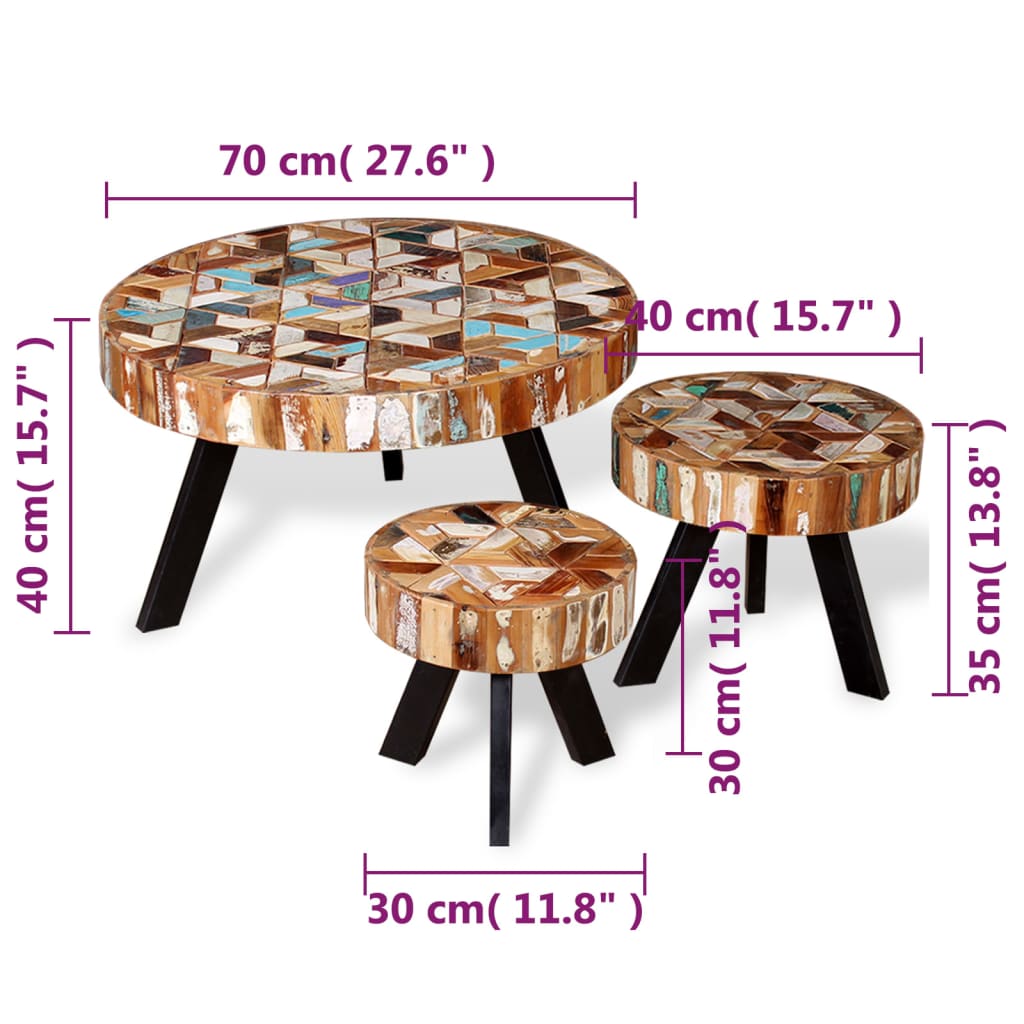 Set Tavolino da Salotto 3 pz in Legno Massello Riciclato | homemem39