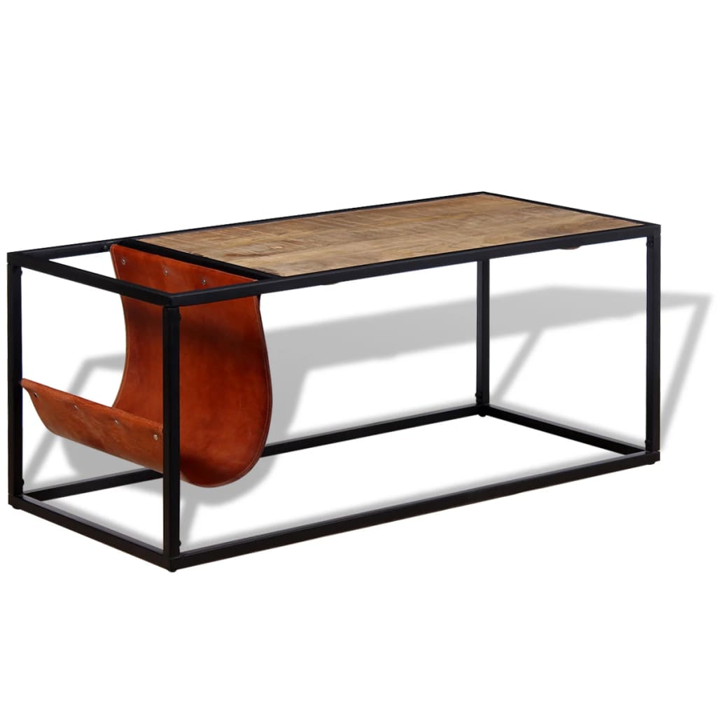 Tavolino da Salotto in Vera Pelle con Portariviste 110x50x45 cm