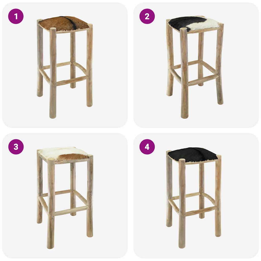 Sgabello da Bar in Pelle di Capra e Legno Massello di Teak