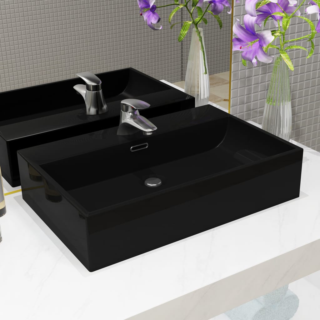 Lavandino con Foro Rubinetto Ceramica Nero 60,5x42,5x14,5 cm - homemem39