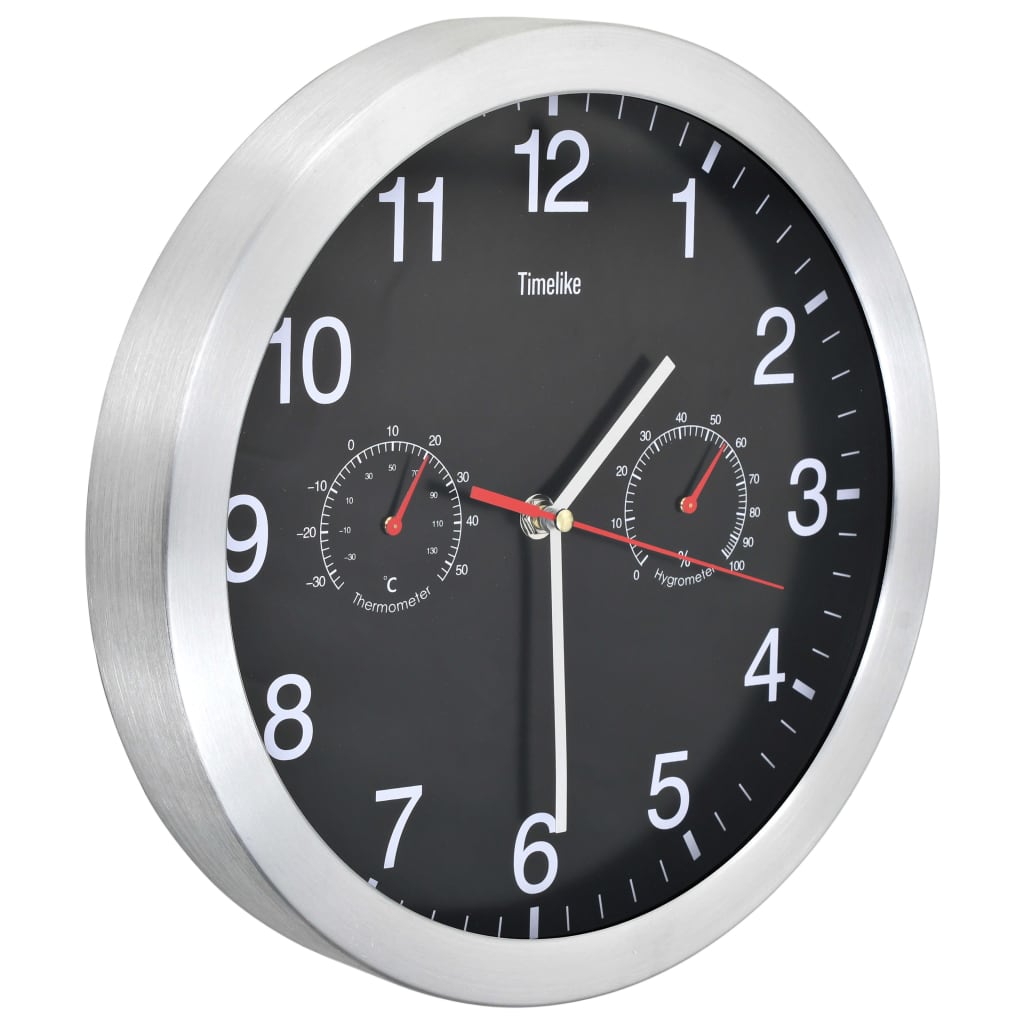 Orologio da Parete al Quarzo Igrometro Termometro 30 cm Nero - homemem39