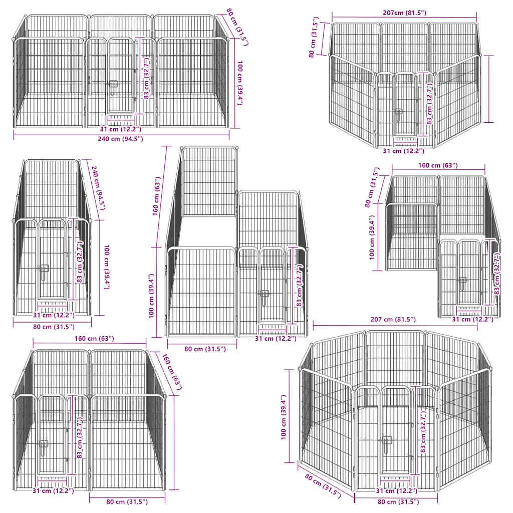 Box per Cani con 8 Pannelli in Acciaio 80x100 cm Nero | homemem39
