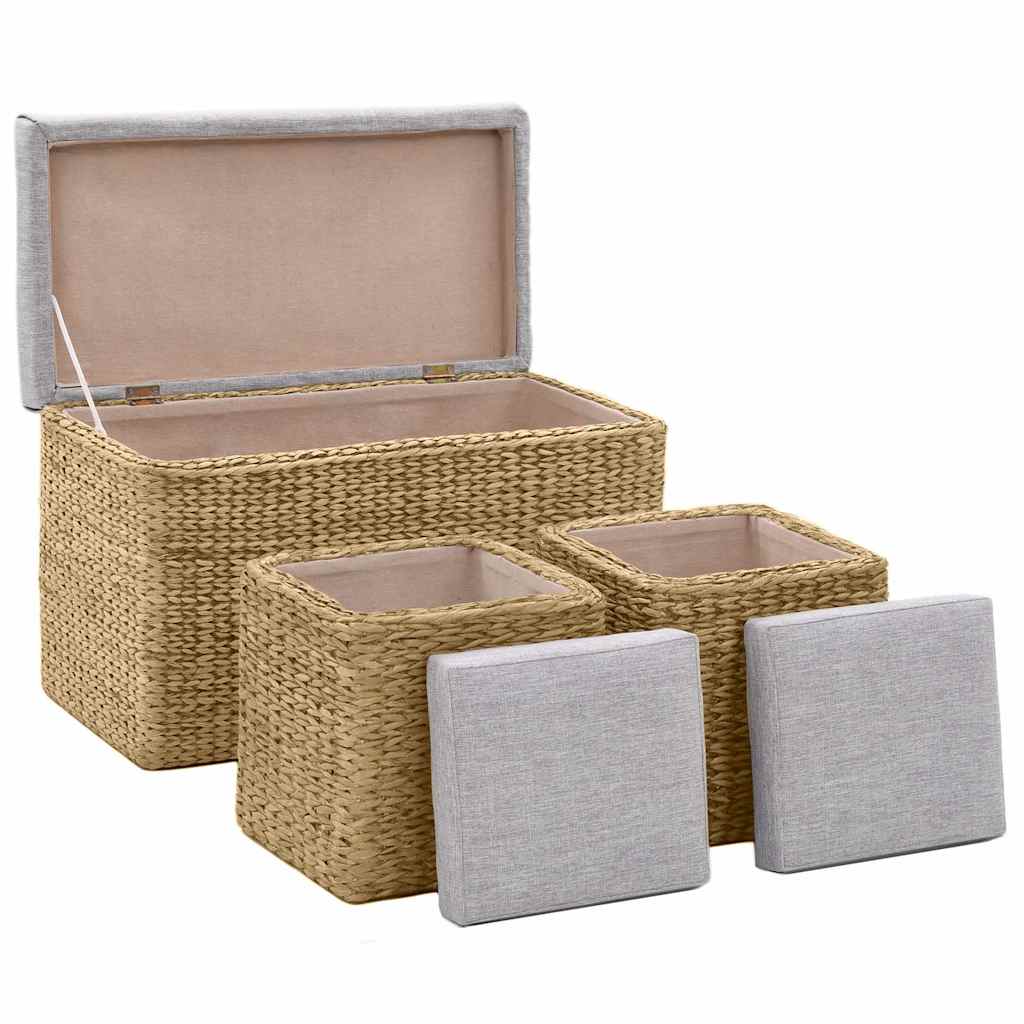 Panca e 2 Pouf in Giunco Grigio