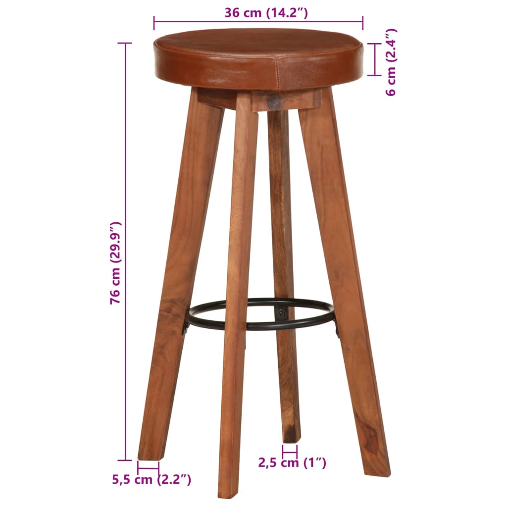 Sgabelli da Bar 2 pz in Vera Pelle e Legno Massello di Acacia | homemem39