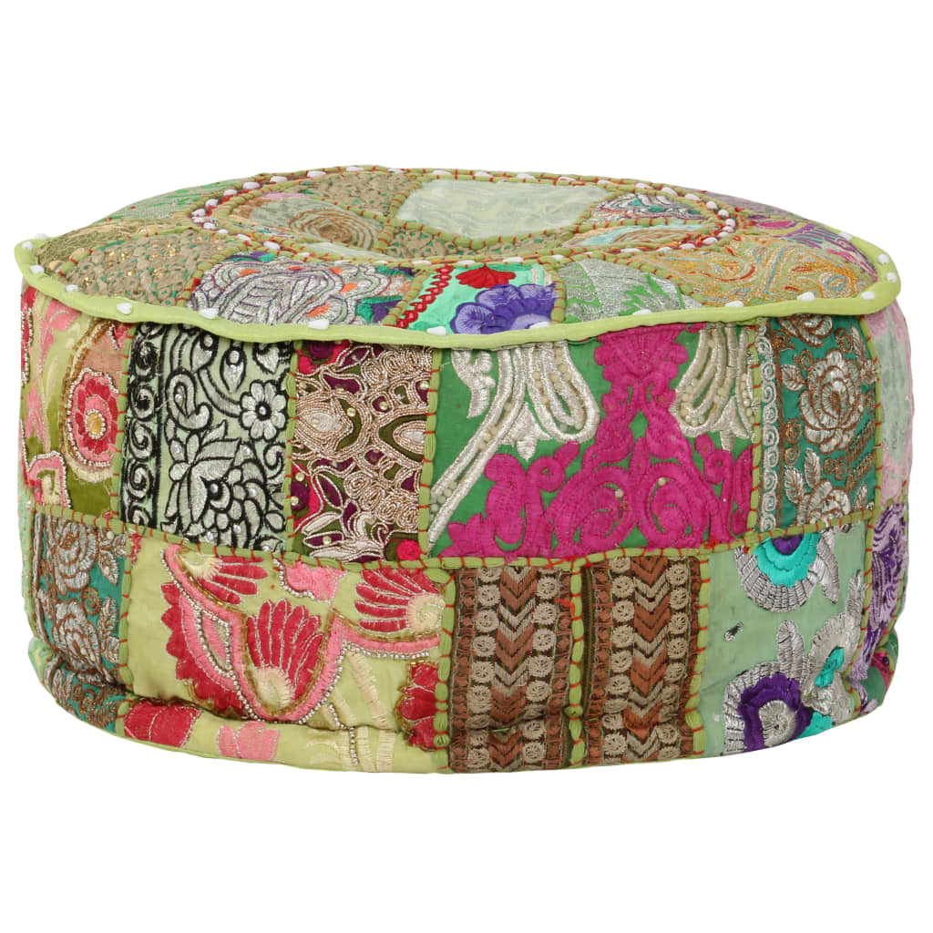 Pouf Patchwork Rotondo Fatto a Mano in Cotone 40x20 cm Verde