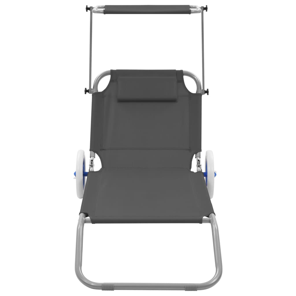 Folding Sun Lounger with Canopy and Gray Steel Wheels