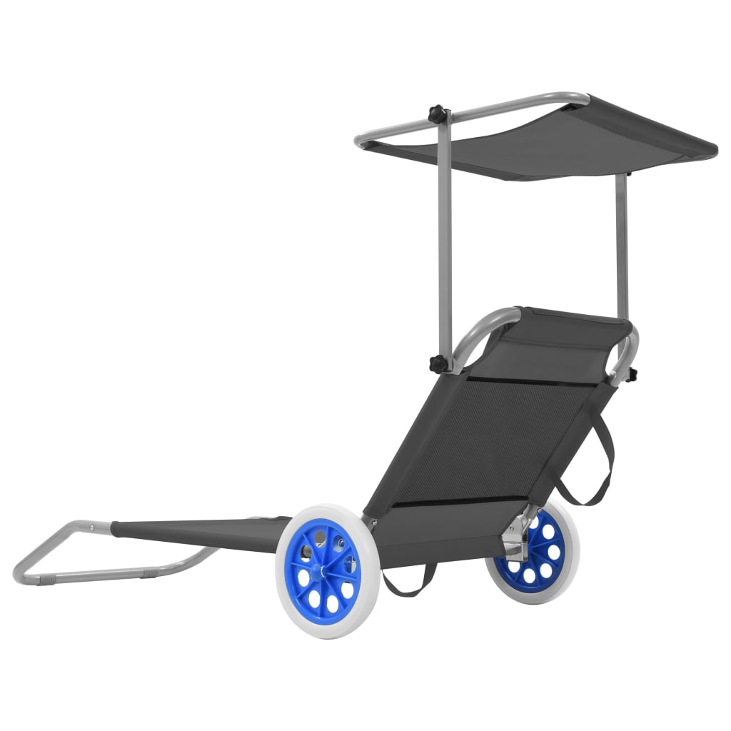 Folding Sun Lounger with Canopy and Gray Steel Wheels