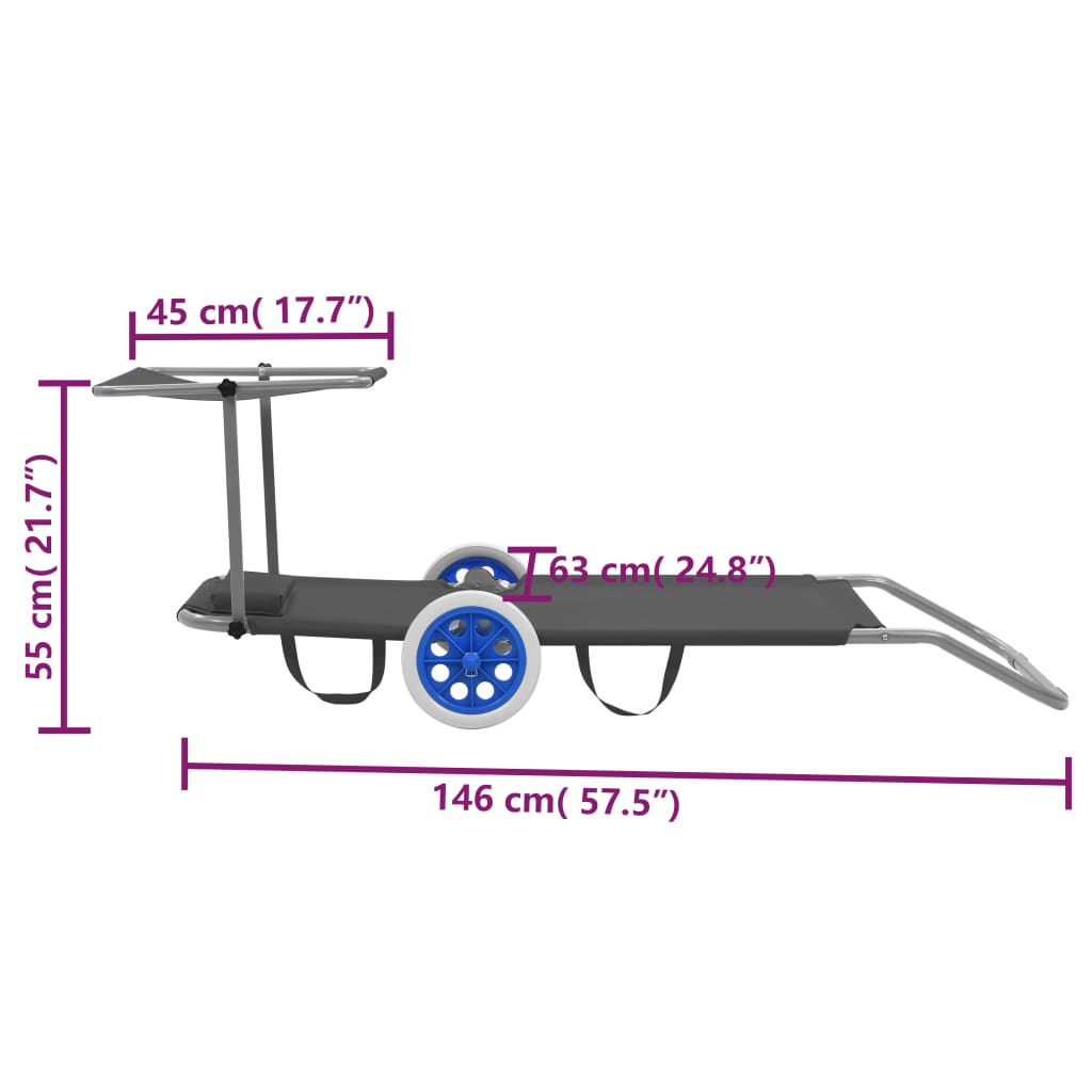 Folding Sun Lounger with Canopy and Gray Steel Wheels