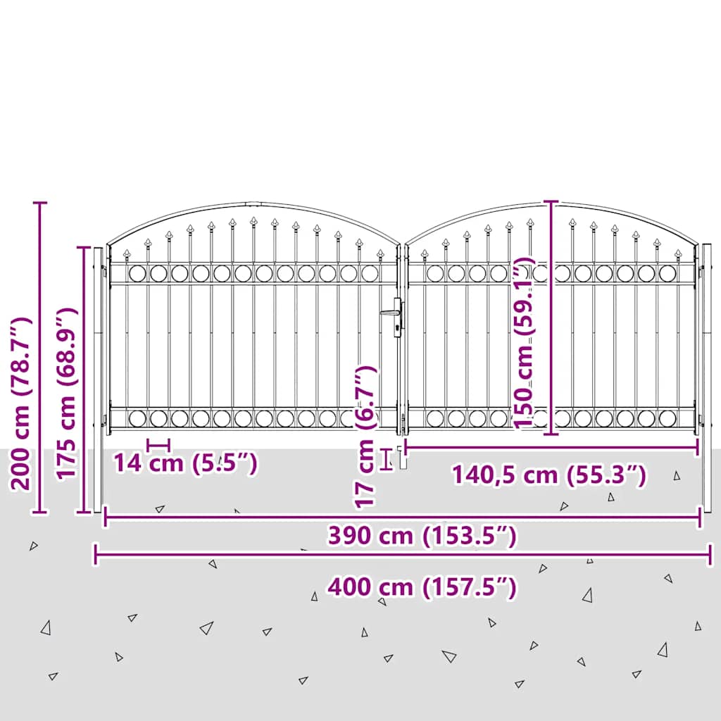 Cancello per recinzione ASSEN a doppia anta con parte superiore ad arco in acciaio 400x150 cm | homemem39