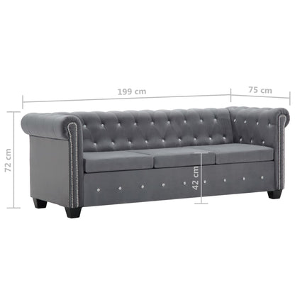 Divano Chesterfield a 3 Posti in Velluto 199x75x72 cm Grigio