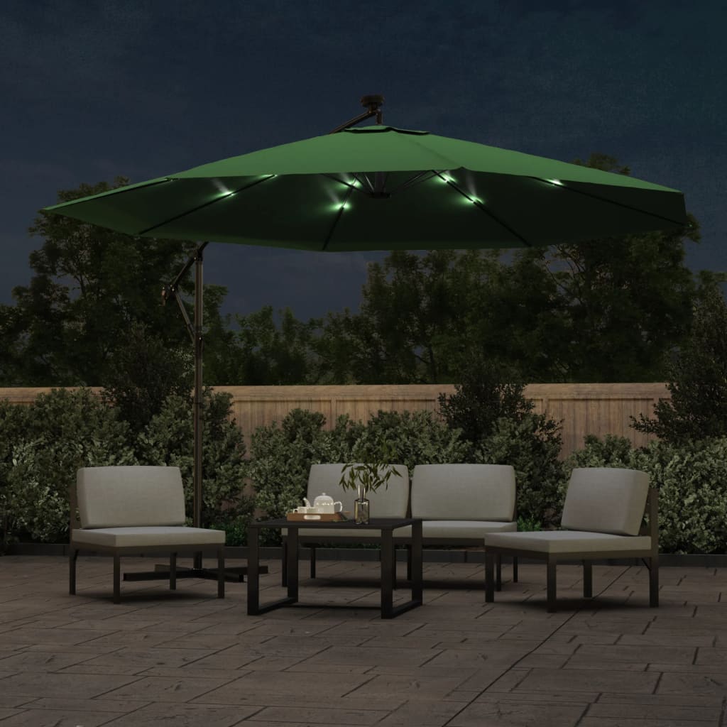 Ombrellone a Sbalzo con LED e Palo in Metallo 350 cm Verde | homemem39