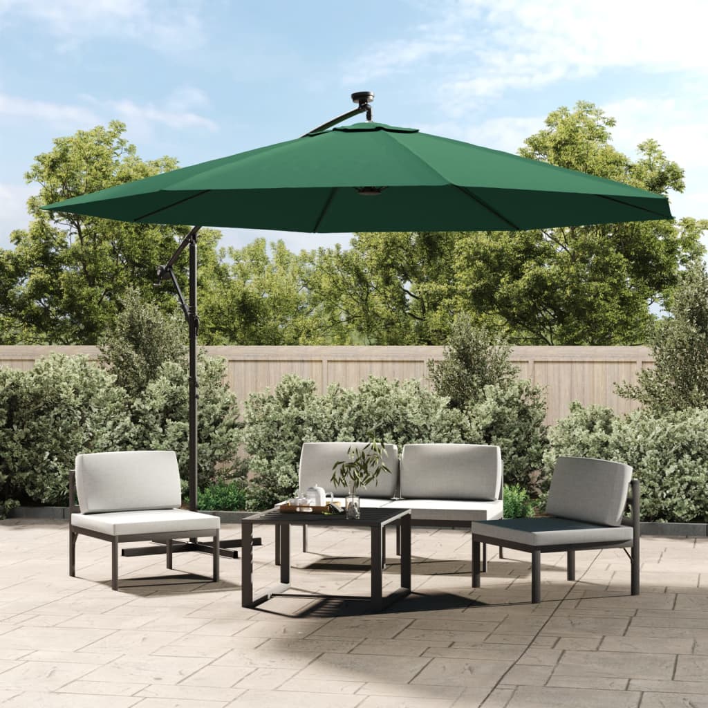Ombrellone a Sbalzo con LED e Palo in Metallo 350 cm Verde | homemem39