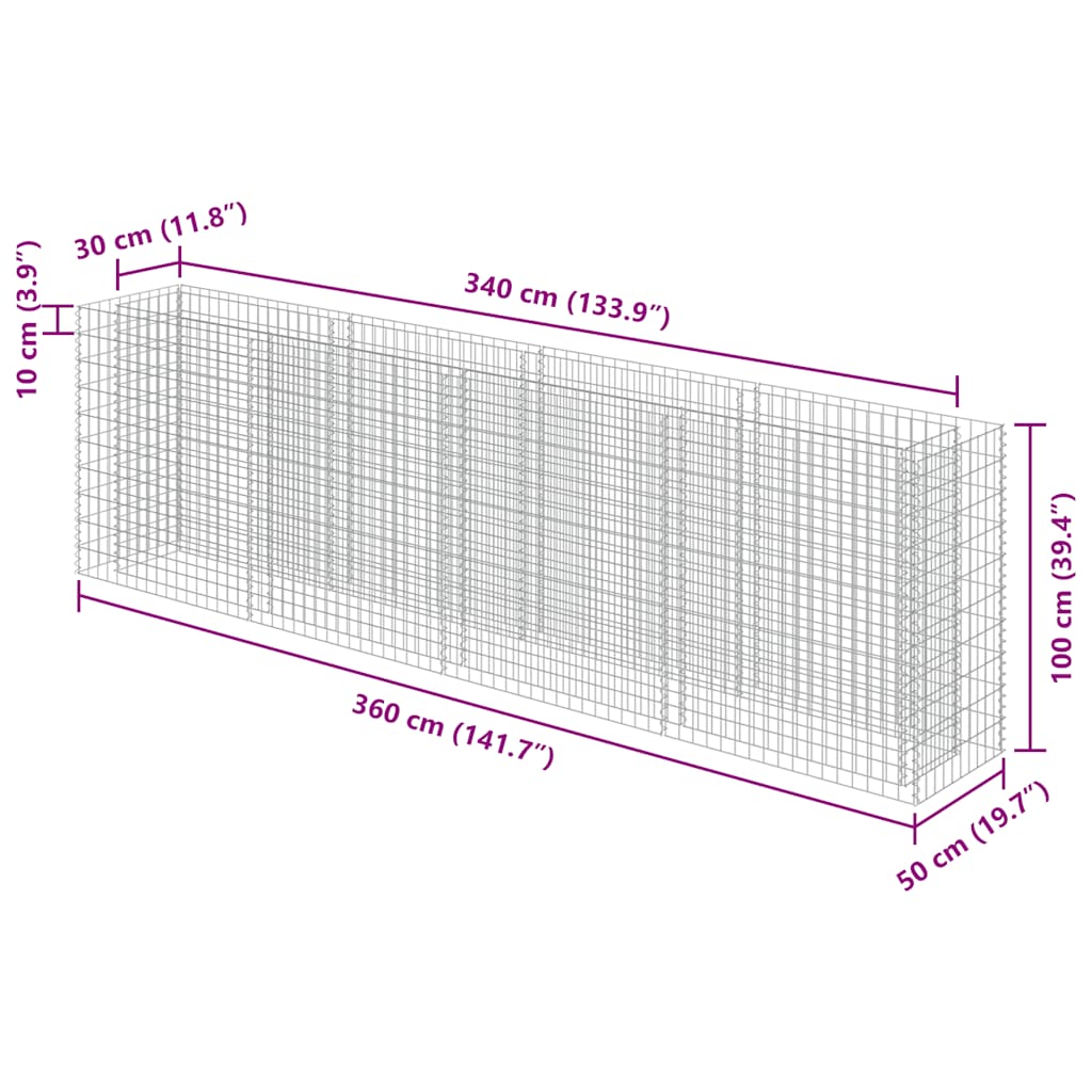 Gabbione Letto Rialzato in Acciaio Zincato 360x50x100 cm - homemem39
