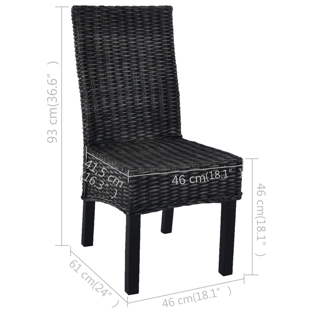 Sedie da Pranzo 4 pz Nere in Rattan Kubu e Legno di Mango