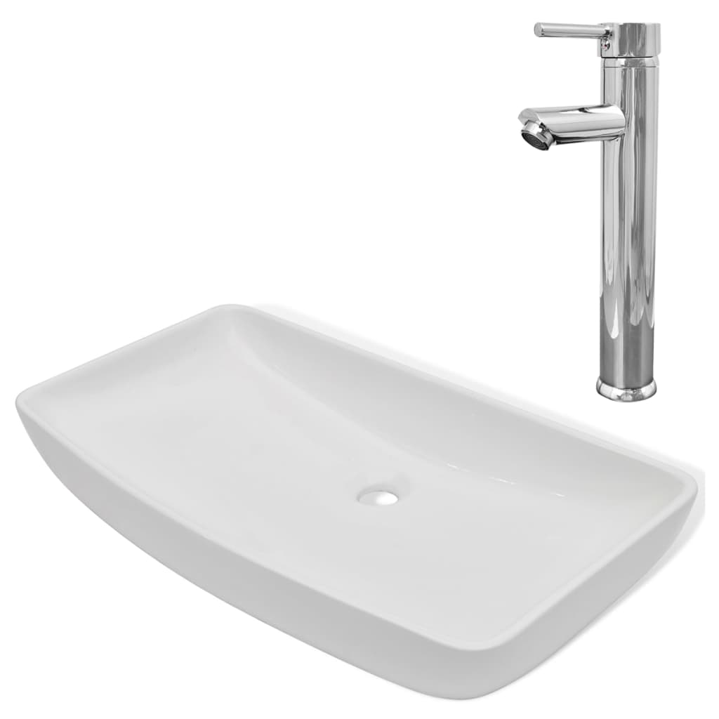 Lavello Bagno con Miscelatore in Ceramica Rettangolare Bianco - homemem39
