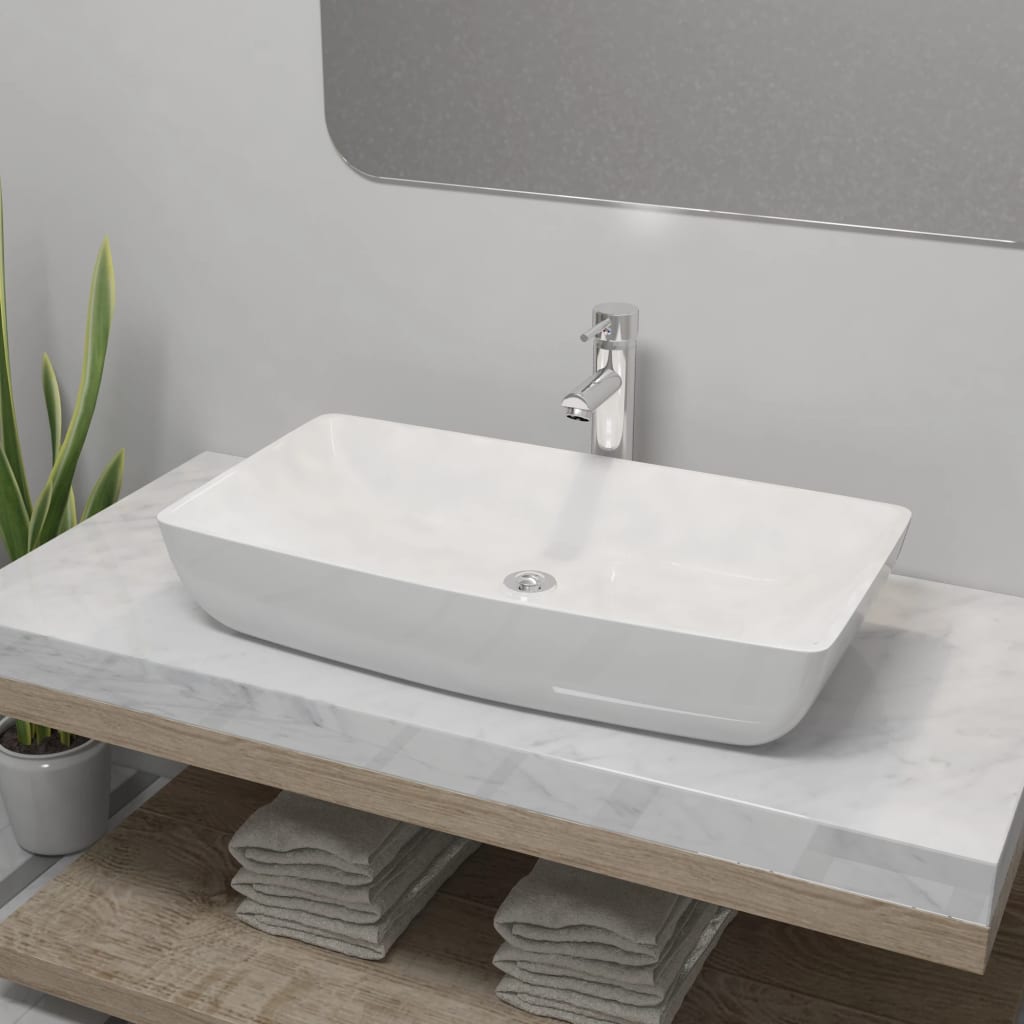 Lavello Bagno con Miscelatore in Ceramica Rettangolare Bianco - homemem39