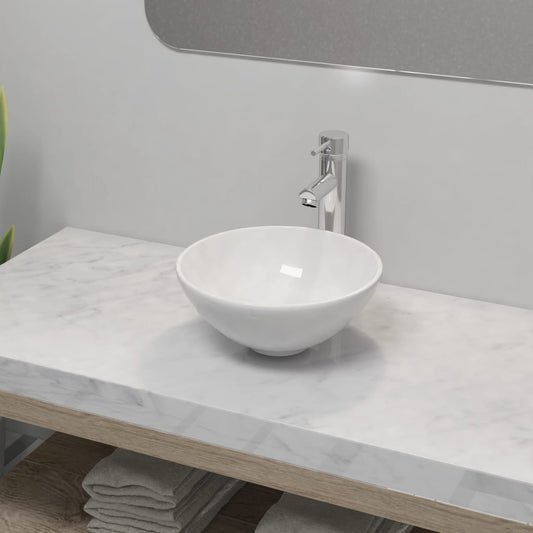 Lavello Bagno con Miscelatore in Ceramica Rotondo Bianco | homemem39
