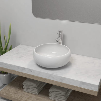 Lavello Bagno con Miscelatore in Ceramica Rotondo Bianco - homemem39