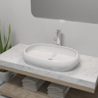 Lavello Bagno con Miscelatore in Ceramica Ovale Bianco - homemem39