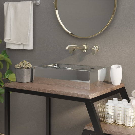 Lavandino con Troppopieno 49x25x15 cm in Ceramica Argento - homemem39