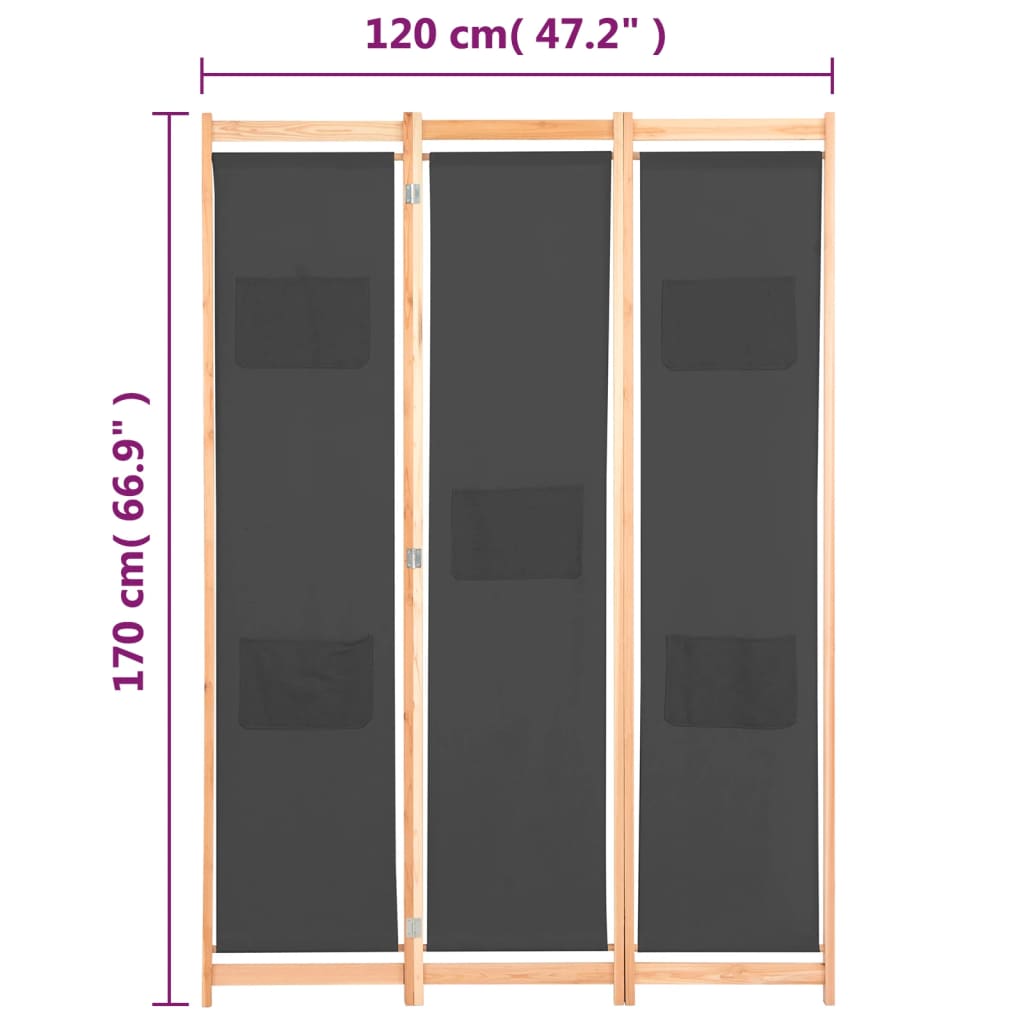 Divisorio a 3 Pannelli Grigio 120x170x4 cm in Tessuto - homemem39