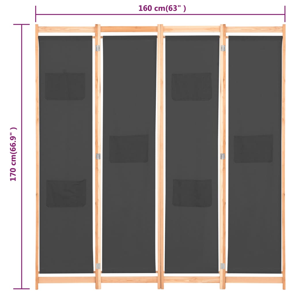 Divisorio a 4 Pannelli Grigio 160x170x4 cm in Tessuto | homemem39