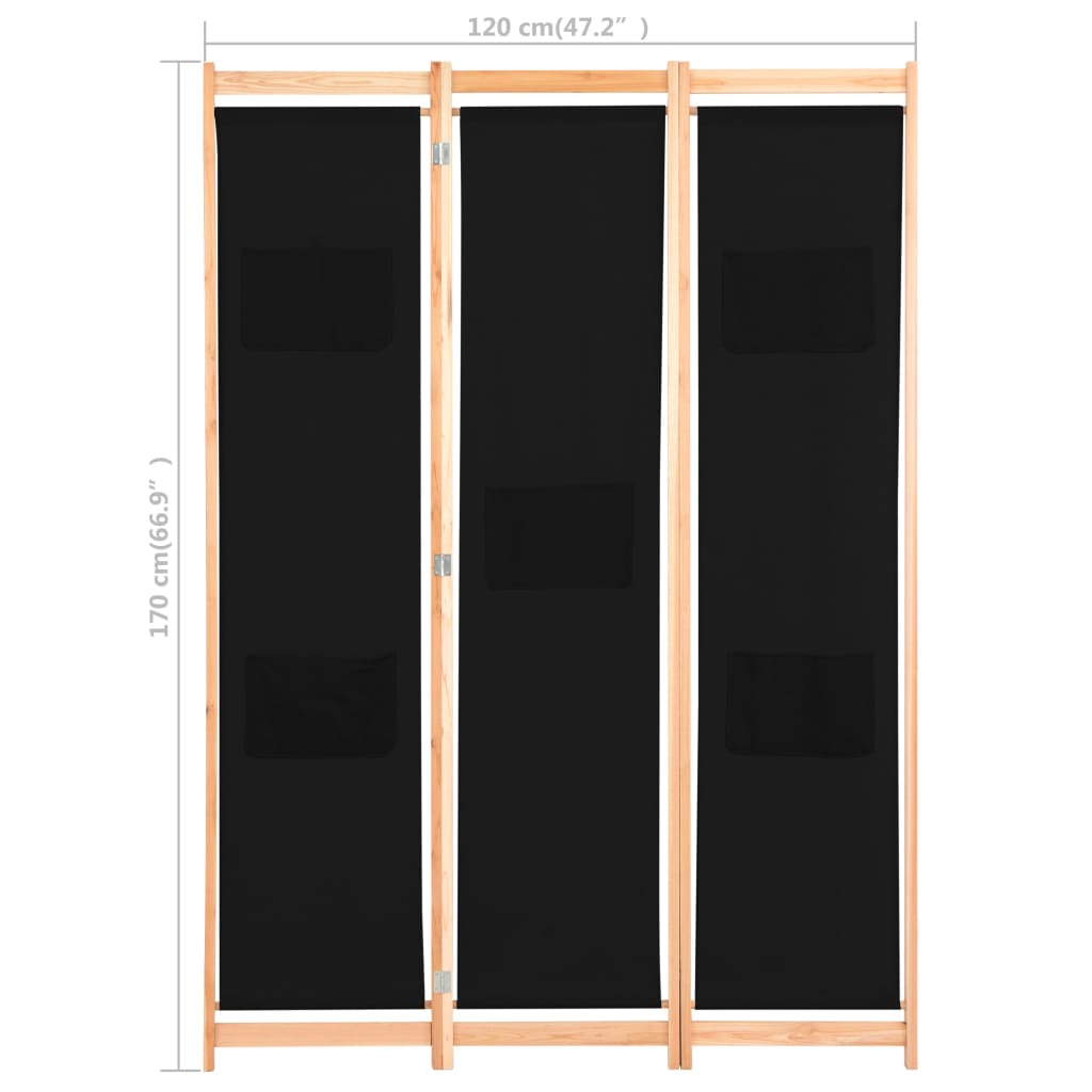 Divisorio a 3 Pannelli Nero 120x170x4 cm in Tessuto - homemem39