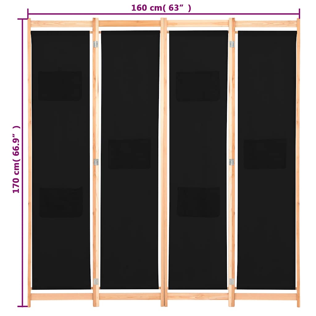 Divisorio a 4 Pannelli Nero 160x170x4 cm in Tessuto | homemem39