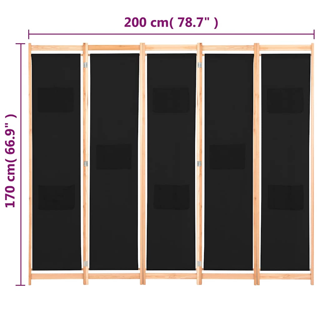 Divisorio a 5 Pannelli Nero 200x170x4 cm in Tessuto | homemem39
