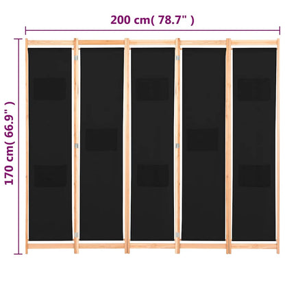 Divisorio a 5 Pannelli Nero 200x170x4 cm in Tessuto | homemem39