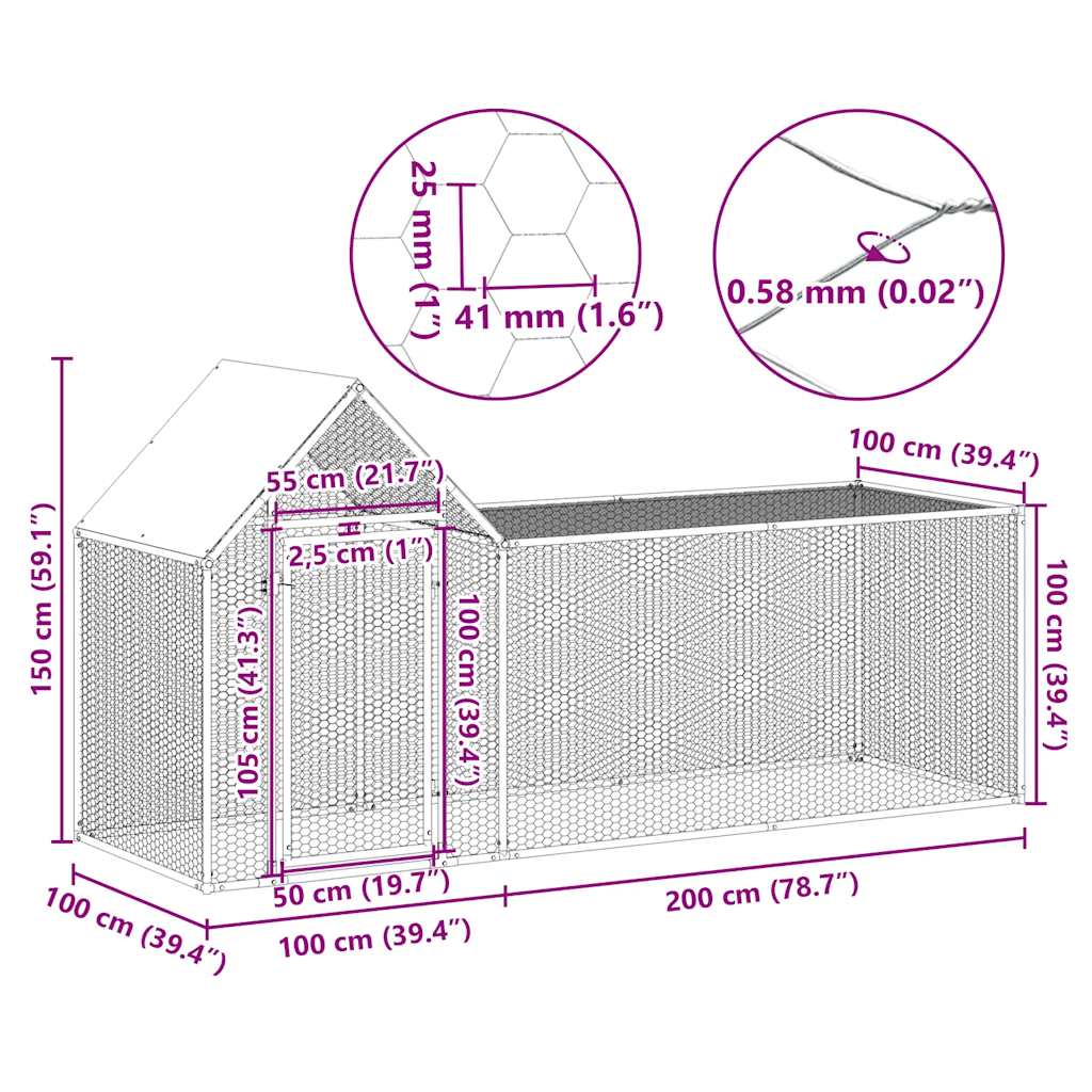 Chicken coop 3x1x1.5 m in galvanized steel