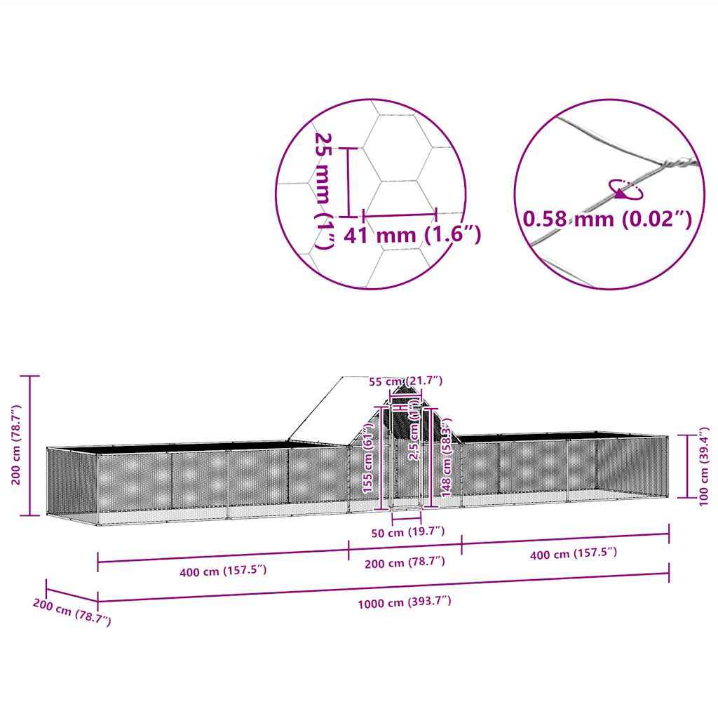 Hühnerstall 10x2x2 m aus verzinktem Stahl