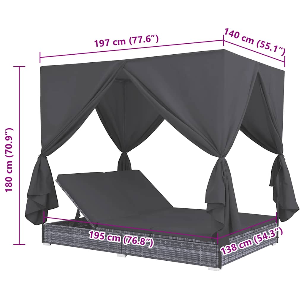 Lettino Prendisole con Tende in Polyrattan Grigio - homemem39