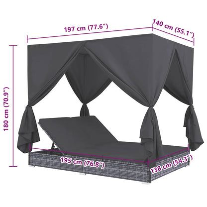 Lettino Prendisole con Tende in Polyrattan Grigio - homemem39