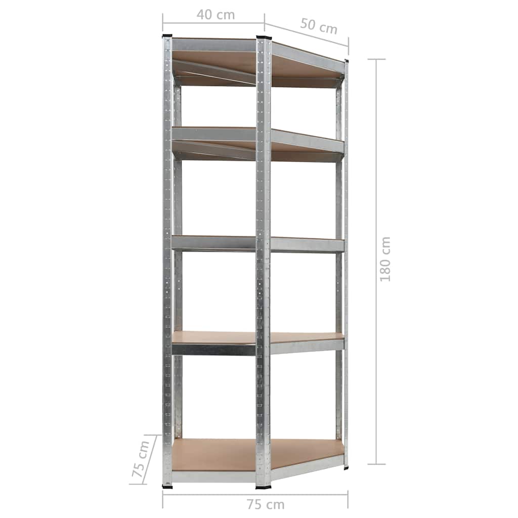 Scaffale Angolare 5 Ripiani Argento Acciaio e Legno Multistrato | homemem39