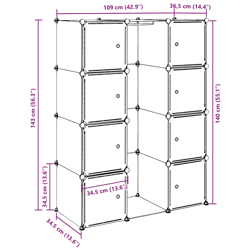 Armadio Modulare con 9 Scomparti 109x36,5x143 cm Bianco | homemem39