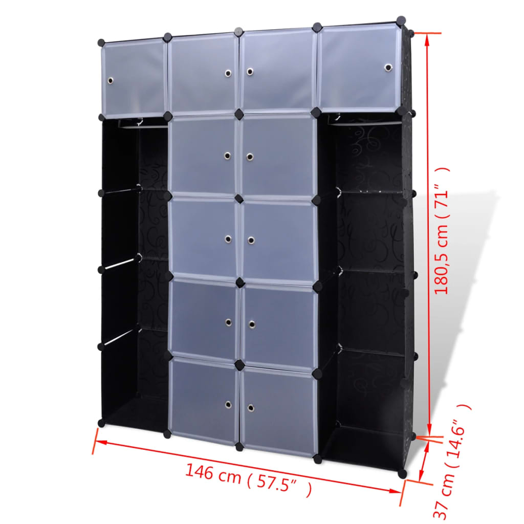 Armadietto Modulare 14 Scomparti Nero e Bianco 37x146x180,5 cm - homemem39