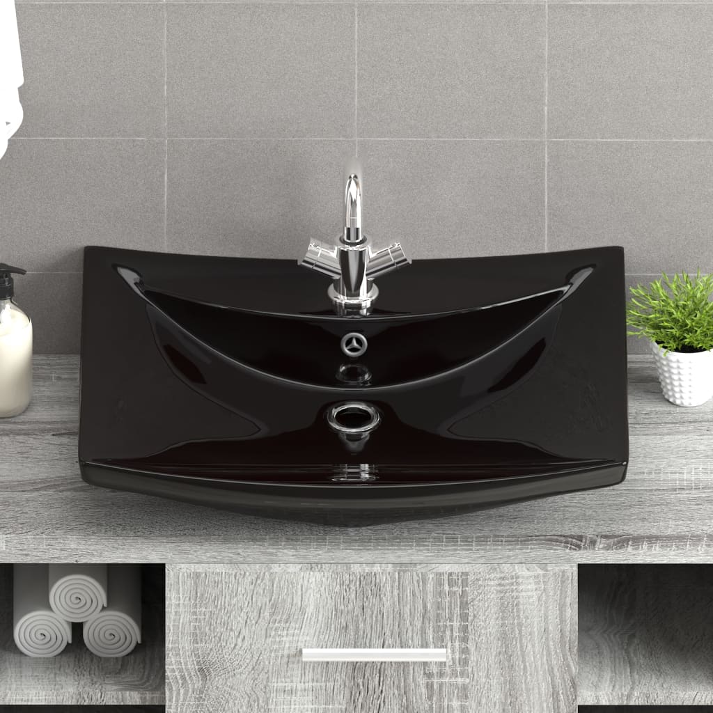 Lavabo Nero Ceramica Lusso Rettangolare Foro Trabocco Foro Rubinetto - homemem39