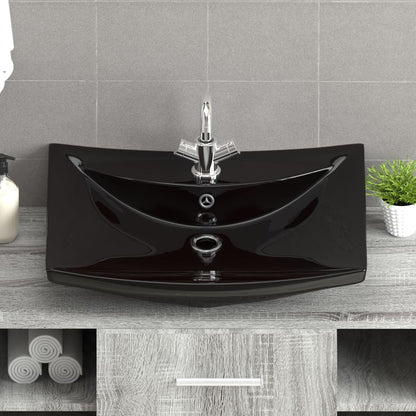 Lavabo Nero Ceramica Lusso Rettangolare Foro Trabocco Foro Rubinetto - homemem39