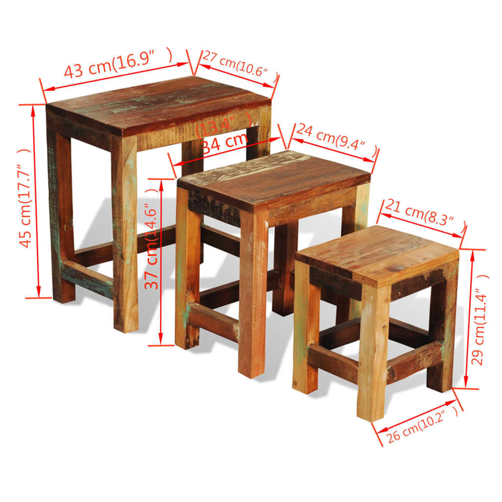 Tavolini Impilabili Set 3 pz in Legno Vintage di Recupero | homemem39