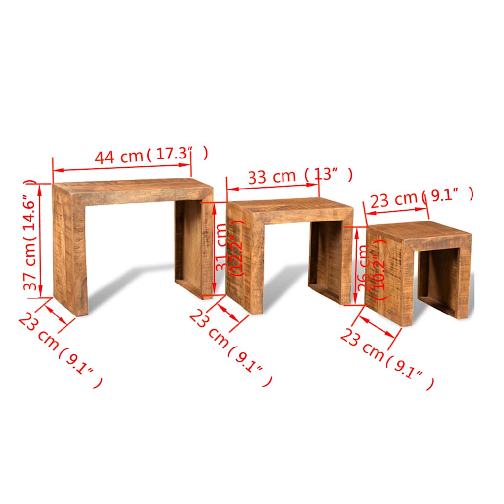 Tavolini Impilabili Set 3 pz in Legno Massello di Mango