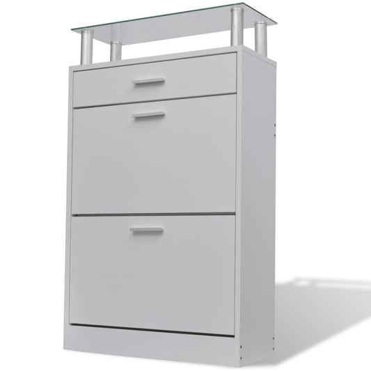 Scarpiera con Cassetto e Mensola Vetro Sopra in Legno Bianco - homemem39