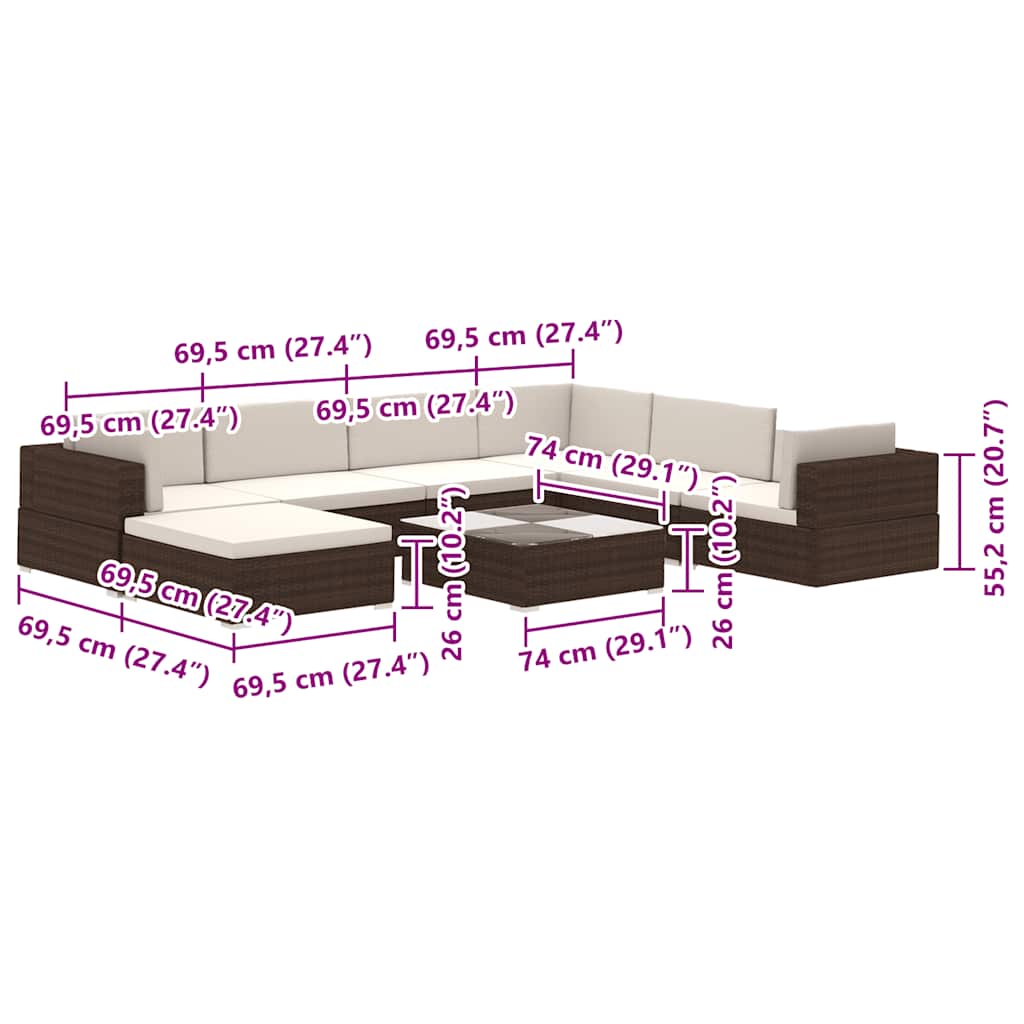 Set Divani da Giardino 8 pz con Cuscini in Polyrattan Marrone - homemem39