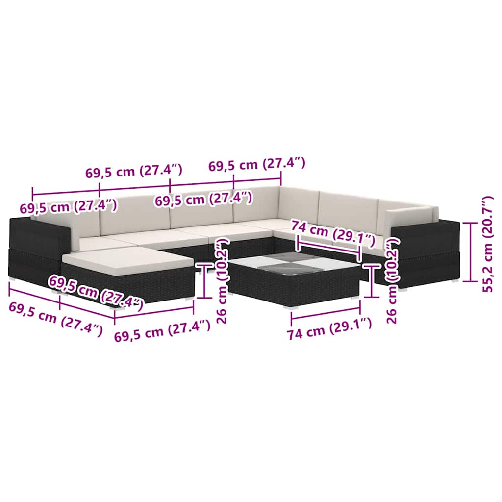 Set Divani da Giardino 8 pz con Cuscini in Polyrattan Nero - homemem39